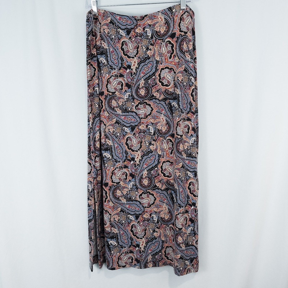 J Jill Paisley Pull On Jersey Knit Maxi Skirt Medium Side Slits Stretch Boho